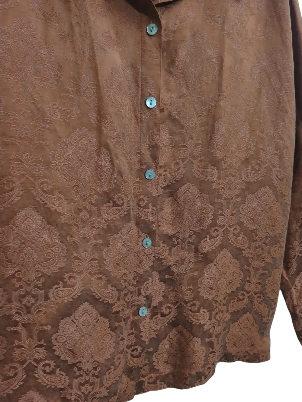 Chico’s Sz 3 Luxe Silk Linen Blend Paisley Damask Button Front Shirt Minimalist